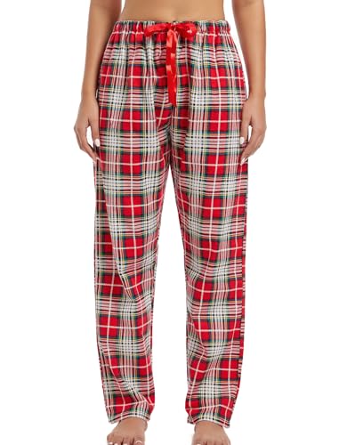 ENJOYNIGHT Schlafanzughose Damen Lang Flanell Pyjamahose Karierte Schlafhose Winter Weich Nachtwäsche Freizeithose mit Kordelzug (Small,Rot+Weiß) von ENJOYNIGHT