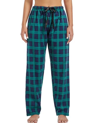 ENJOYNIGHT Schlafanzughose Damen Lang Flanell Pyjamahose Karierte Schlafhose Winter Weich Nachtwäsche Freizeithose mit Kordelzug (X-Large, Blau+Grün) von ENJOYNIGHT