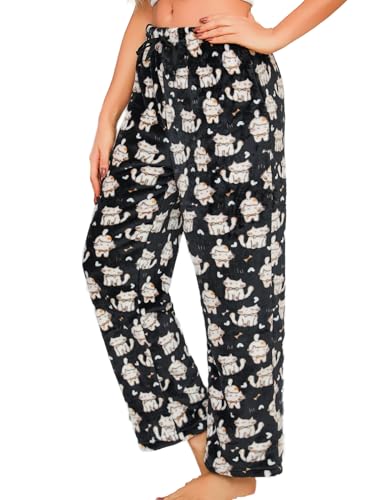 ENJOYNIGHT Schlafanzughose Damen Lang Fleece Pyjamahose Flauschig Schlafhose Plüsch Freizeithose mit Kordelzug (Large,Schwarze Katze) von ENJOYNIGHT