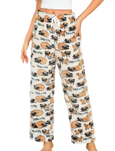 ENJOYNIGHT Schlafanzughose Damen Lang Fleece Pyjamahose Flauschig Schlafhose Plüsch Freizeithose mit Kordelzug (X-Large,Hund) von ENJOYNIGHT
