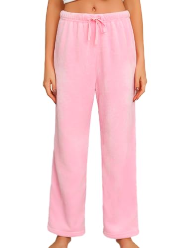 ENJOYNIGHT Schlafanzughose Damen Lang Fleece Pyjamahose Flauschig Schlafhose Plüsch Freizeithose mit Kordelzug (X-Large,Rosa) von ENJOYNIGHT