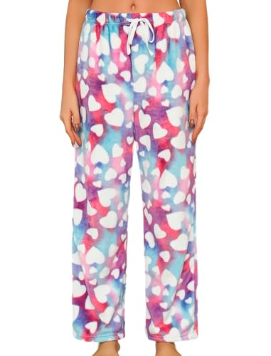 ENJOYNIGHT Schlafanzughose Damen Lang Fleece Pyjamahose Flauschig Schlafhose Plüsch Freizeithose mit Kordelzug (X-Large,Weiß Herz) von ENJOYNIGHT