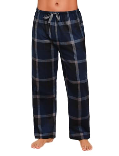 ENJOYNIGHT Schlafanzughose Herren Lang Baumwolle Flanell Pyjamahose Karierte Schlafhose Loungewear Freizeithose (X-Large,Schwarz+Marineblau) von ENJOYNIGHT