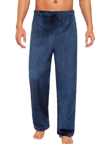 ENJOYNIGHT Schlafanzughose Herren Lang Fleece Pyjamahose Plüsch Freizeithose Warm Haushose mit Kordelzug (Small,Blau) von ENJOYNIGHT