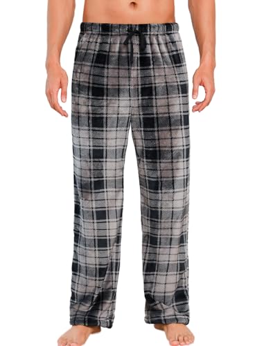 ENJOYNIGHT Schlafanzughose Herren Lang Fleece Pyjamahose Plüsch Freizeithose Warm Haushose mit Kordelzug (Small,Grau Kariert) von ENJOYNIGHT