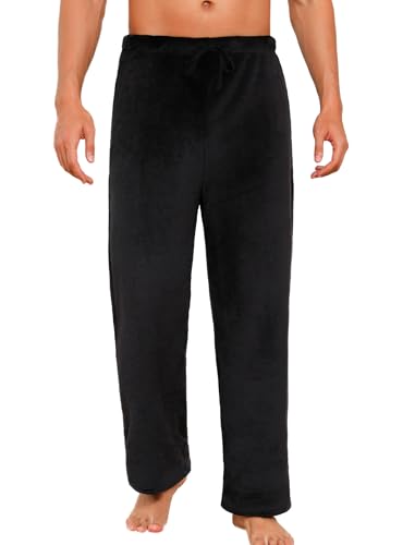 ENJOYNIGHT Schlafanzughose Herren Lang Fleece Pyjamahose Plüsch Freizeithose Warm Haushose mit Kordelzug (X-Large,Schwarz) von ENJOYNIGHT