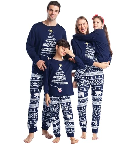 ENJOYNIGHT Weihnachten Schlafanzug Familien Pyjama Set Langarm Top und Hose Nachtwäsche Familie Weihnachtsoutfit Set (Large,Herren-Dunkelblau) von ENJOYNIGHT