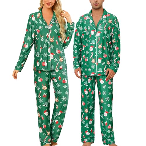 ENJOYNIGHT Weihnachtspyjama Paare Schlafanzug Weihnachten Partner Pyjama Set Langarm Knopfleiste Nachtwäsche Outfits (Large,Damen-Grüne Weihnachten) von ENJOYNIGHT