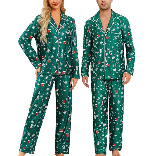 ENJOYNIGHT Weihnachtspyjama Paare Schlafanzug Weihnachten Partner Pyjama Set Langarm Knopfleiste Nachtwäsche Outfits (Medium,Damen-Grüner Hut) von ENJOYNIGHT