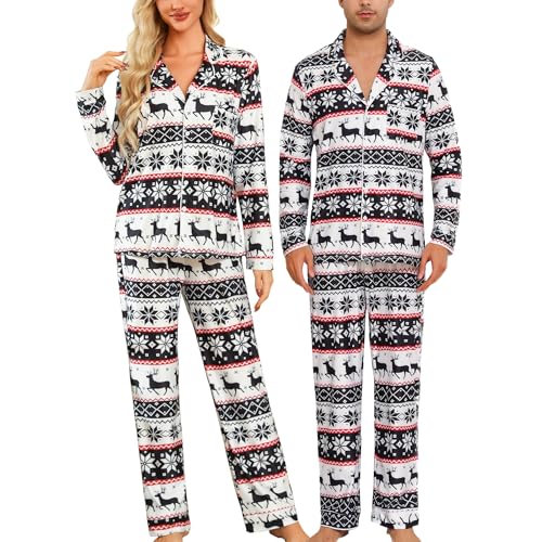 ENJOYNIGHT Weihnachtspyjama Paare Schlafanzug Weihnachten Partner Pyjama Set Langarm Knopfleiste Nachtwäsche Outfits (Medium,Herren-Dunkelblau Hirsch) von ENJOYNIGHT