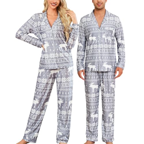 ENJOYNIGHT Weihnachtspyjama Paare Schlafanzug Weihnachten Partner Pyjama Set Langarm Knopfleiste Nachtwäsche Outfits (X-Large,Damen-Graue Hirsch) von ENJOYNIGHT