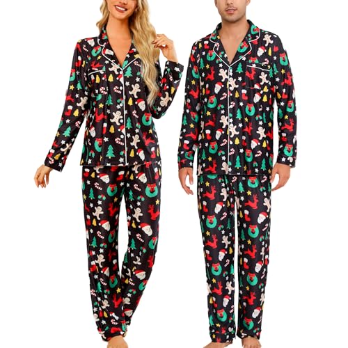 ENJOYNIGHT Weihnachtspyjama Paare Schlafanzug Weihnachten Partner Pyjama Set Langarm Knopfleiste Nachtwäsche Outfits (X-Large,Damen-Schwarze Weihnachten) von ENJOYNIGHT