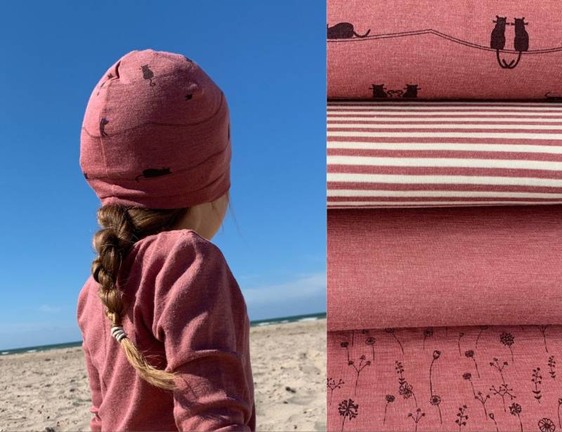 Bio Wolle-Seide Mütze, Einlagig Mit Bündchen, Altrosa Katzen, Blumen, Ringeln Oder Uni, Beanie von ENJOhandmade