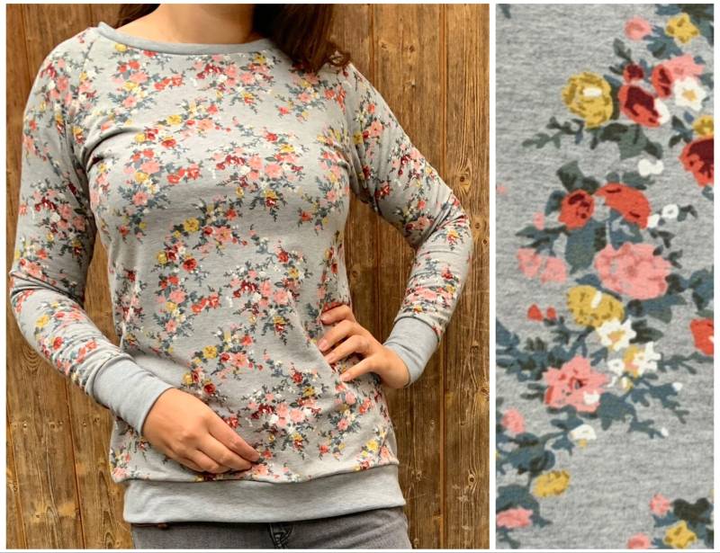 Damen Sweatpullover Sweatshirt Mit Blumen Grau Und Rosa von ENJOhandmade