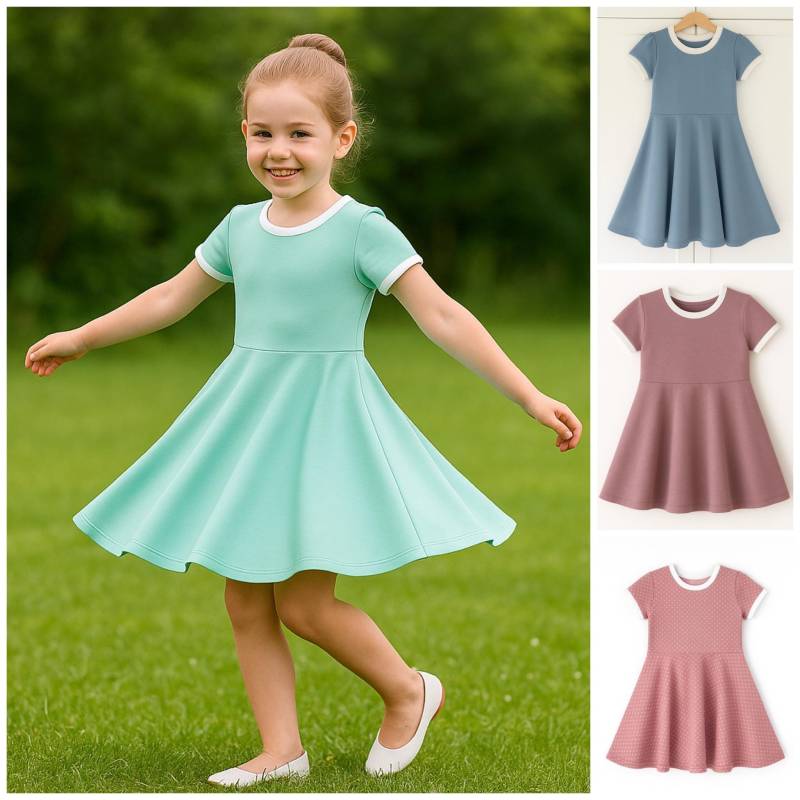 Drehkleid Kleid Mit Tellerrock, Kurzarm Weißen Bündchen, Mint, Mauve, Altrosa, Staubblau von ENJOhandmade