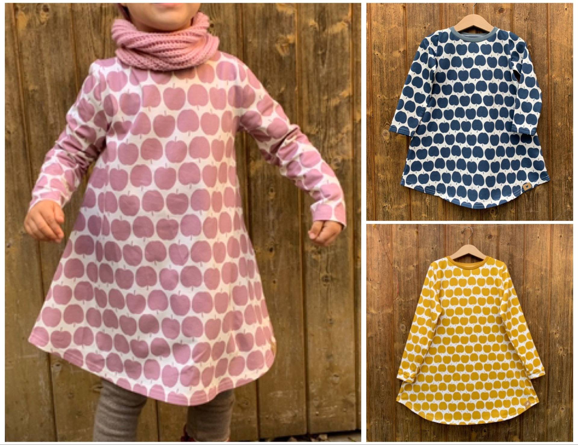 Kurzes Kleid Mit Äpfeln Aus Jersey, Langarm, Retro, Altrosa, Ocker Kurzes Kleid Mit Äpfeln Aus Jersey, Langarm, Retro, Altrosa, Ocker von ENJOhandmade
