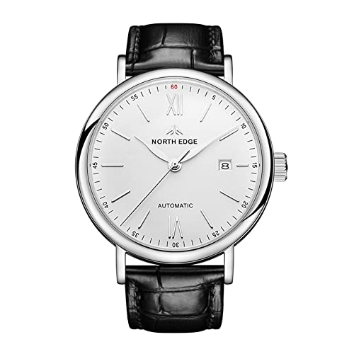 ENKUODE Männer automatische mechanische Armbanduhr 50M wasserdichte Business Skeleton Herrenuhren Uhr aus Edelstahl mit Saphirspiegel und automatischem Aufzug aus Rindsleder (Silber) von ENKUODE