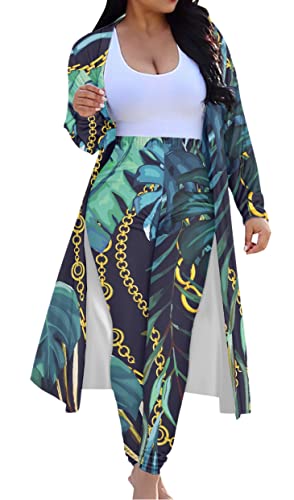 ENLACHIC Damen Cardigan mit Blumendruck, lange Ärmel, lange Hose, 2-teiliges Outfit-Set, Bananenblatt-Handfläche, XX-Large von ENLACHIC
