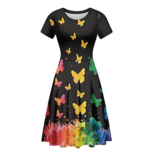 ENLACHIC Damen Casual Animal Floral Print Kurzarm A Line Swing T Shirt Kleid Plus Size, Regenbogen-Schmetterlinge, XX-Large von ENLACHIC