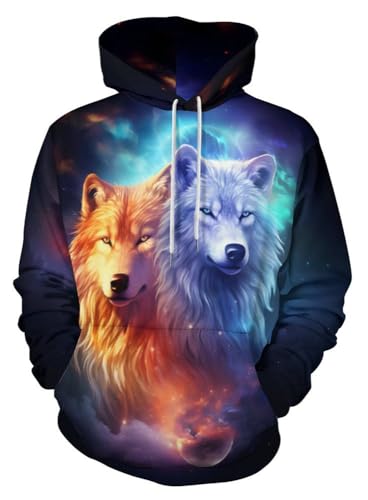 ENLACHIC Herren Wikinger Totem Hoodie 3D Digitaldruck Langarm Pullover Sweatshirt Hoodies, Blue Eye Cool Wolf, X-Large von ENLACHIC