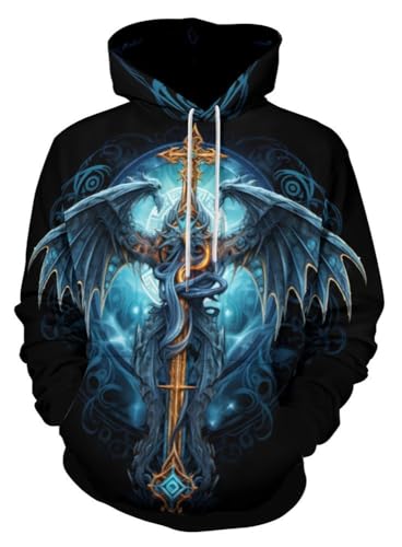 ENLACHIC Herren Wikinger Totem Hoodie 3D Digitaldruck Langarm Pullover Sweatshirt Hoodies, Drachenkreuz, 6X-large von ENLACHIC