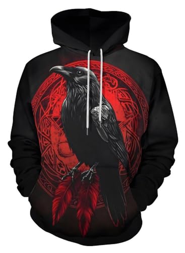 ENLACHIC Herren Wikinger Totem Hoodie 3D Digitaldruck Langarm Pullover Sweatshirt Hoodies, Viking Raven Red, 6X-large von ENLACHIC