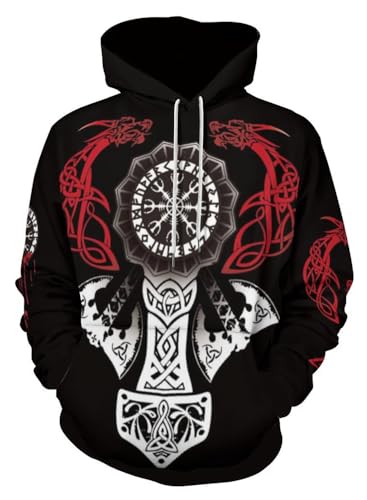 ENLACHIC Herren Wikinger Totem Hoodie 3D Digitaldruck Langarm Pullover Sweatshirt Hoodies, Viking Red Dragon, X-Large von ENLACHIC