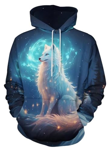 ENLACHIC Herren Wikinger Totem Hoodie 3D Digitaldruck Langarm Pullover Sweatshirt Hoodies, White Fox Galaxy, 5X-Large von ENLACHIC