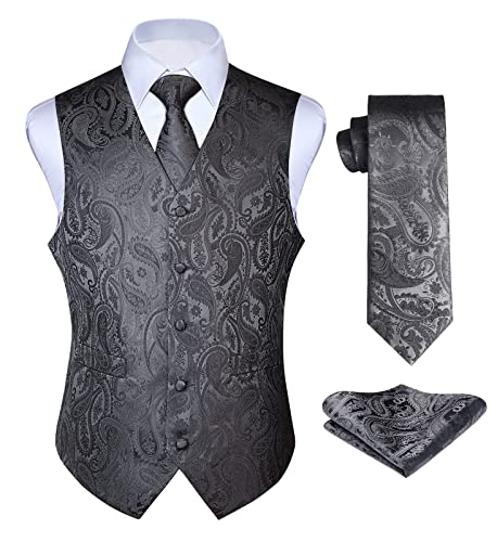 Enlision Anzugweste grau Herren Hochzeit Paisley Westen & Krawatte Einstecktuch Party Floral Jacquard Anzug Weste Set XXL von Enlision