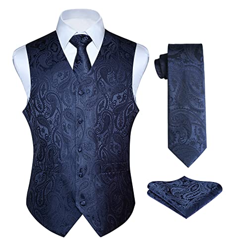 Enlision Anzugweste Navy blau Herren Hochzeit Paisley Westen & Krawatte Einstecktuch Party Floral Jacquard Anzug Weste Set S von Enlision