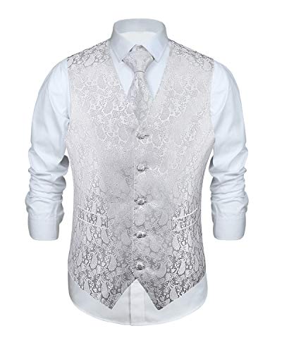 ENLISION Herren Paisley Weste Krawatte Einstecktuch Taschentuch Jacquard Weste Anzug Set, Weiß, Gr.- XL(Chest size 48') von Enlision