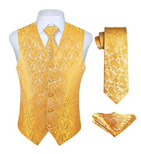 Enlision Anzugweste gelb Herren Hochzeit Paisley Westen & Krawatte Einstecktuch Party Floral Jacquard Anzug Weste Set 3XL von Enlision