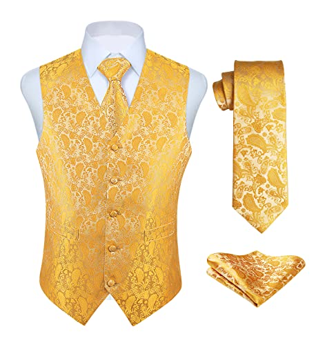 Enlision Anzugweste gelb Herren Hochzeit Paisley Westen & Krawatte Einstecktuch Party Floral Jacquard Anzug Weste Set XL von Enlision