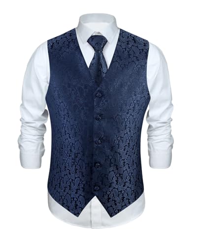 Enlision Anzugweste Navy blau Herren Hochzeit Paisley Westen & Krawatte Einstecktuch Party Floral Jacquard Anzug Weste Set M von Enlision