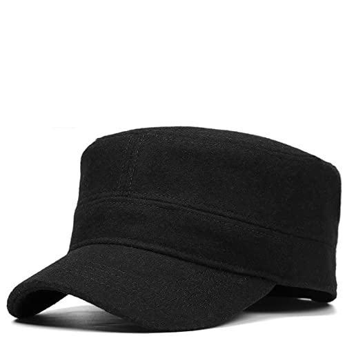 ENMESI Basecap Herren Winter Filz Militär Hut Mann Frau Outdoor Warm Flat Army Mütze mit Fleecefutter 56-60cm 60-65cm, Filz Schwarz, 60-65cm von ENMESI