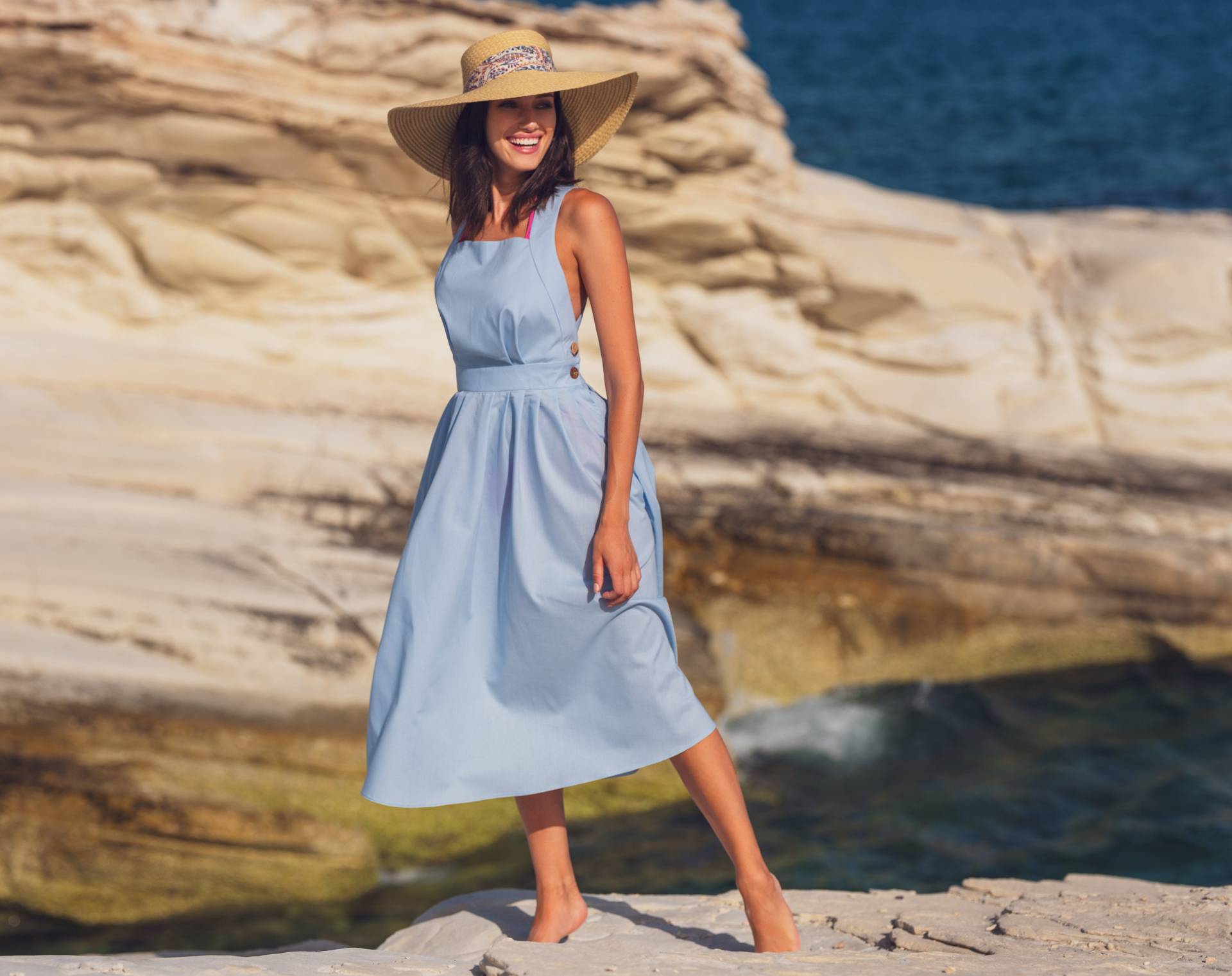 Blaues Langes Sommerkleid Aus Bio-Baumwolle, 50Er Jahre Sommerkleid, Ärmellos, Retro-stil von ENMEstyle