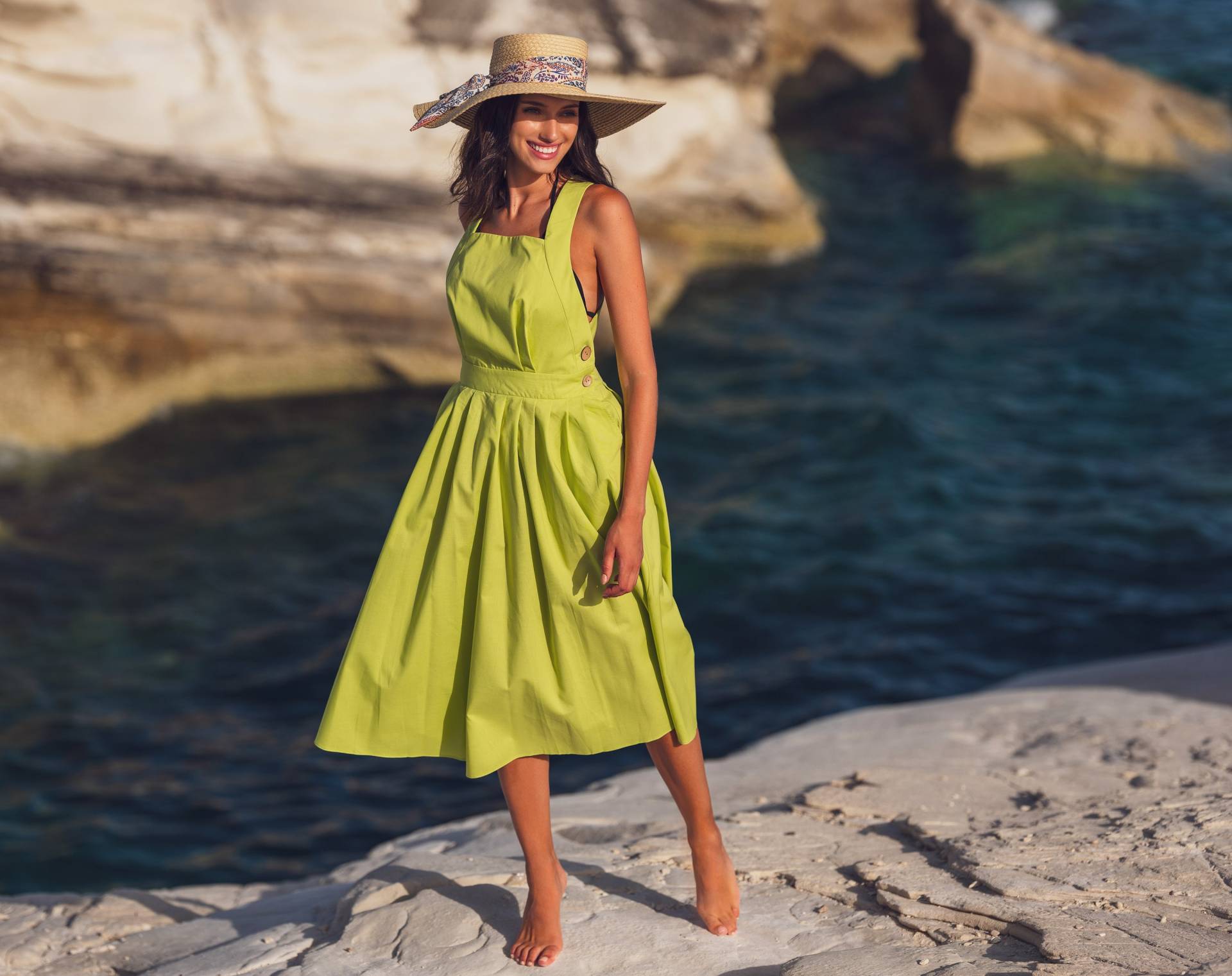 Lindgrünes Langes Sommerkleid Aus Bio-Baumwolle, 50Er-Jahre-stil Kleid, Ärmelloses Sommerkleid, Hängerchen, Wadenmitte von ENMEstyle