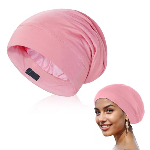ENNSOO Bonnet for Sleeping, 100% Satin Bonnet with Frizz-Free and Tangle-Free Hair Solution, Customizable Silk Hair Bonnet for Curly Hair Black, Beanie for Women Men, 1 Pack of 1-Pink von ENNSOO