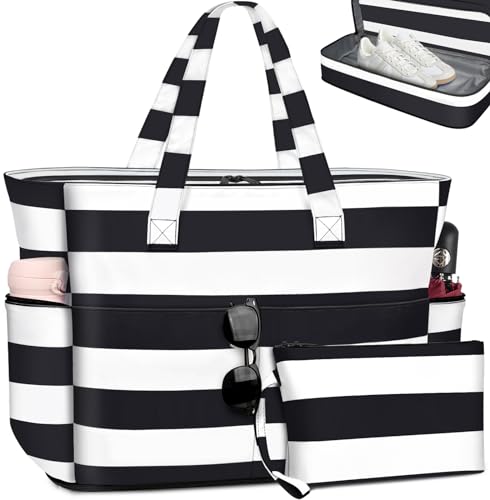 ENONEO Große Strandtasche mit Reißverschluss XXL Familie Strandtasche Damen Groß Shopper Tasche Beach Tote Bag Reisetasche Wasserdicht Saunatasche mit Nassfach & Schuhfach,55L (Schwarz) von ENONEO