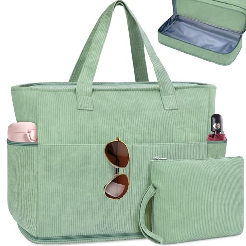ENONEO Große Strandtasche mit Reißverschluss XXL Familie Strandtasche Damen Groß Shopper Tasche Beach Tote Bag Reisetasche Wasserdicht Saunatasche mit Nassfach & Schuhfach,55L (Cordury-Grün) von ENONEO