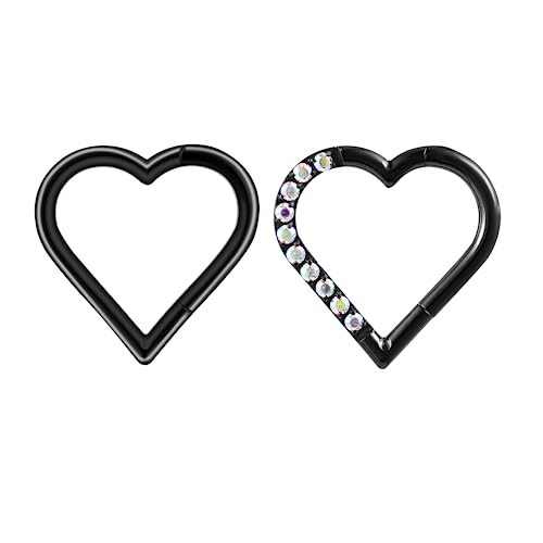 ENONTY 2 Stück 16G G23 Titan Septum Scharnierring Daith Segment Clicker Piercing Ohrring Schmuck Tragus Helix Nasenringe Knorpel für Damen und Herren (schwarzes Herz rechtes Ohr) von ENONTY