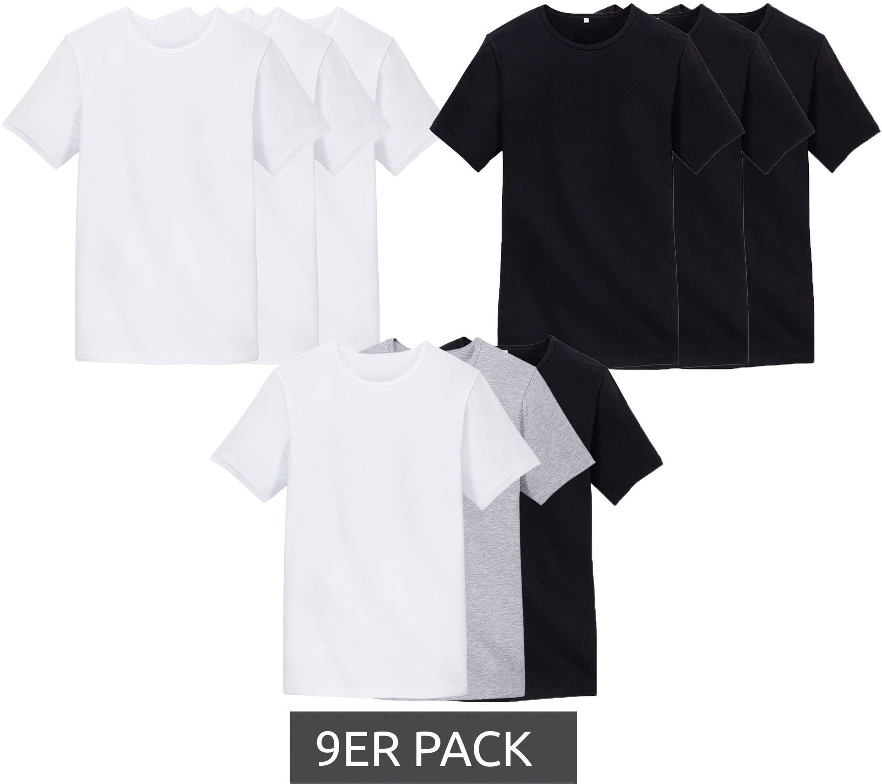 9er Pack ENRICO MORI Herren Basic T-Shirt aus Bio-Baumwolle Rundhals-Shirt Weiß, Schwarz oder Grau im Mix von ENRICO MORI