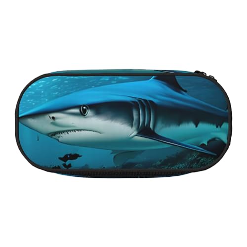 ENRPTY Blauer Hai-Druck mit Reißverschlussfächern, Schreibwaren, Bleistifttasche, tragbare Kosmetik-Aufbewahrungstasche von ENRPTY