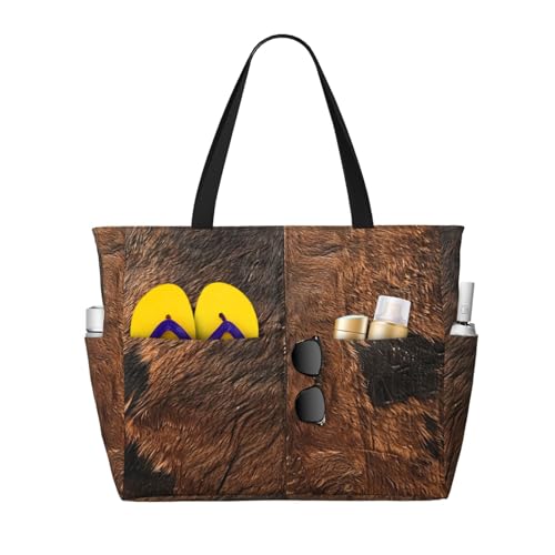 ENRPTY Braunes Rindsleder, Kunstdruck, großes Fassungsvermögen, Strand-Reisetasche mit Reißverschluss, leicht, faltbar, für den Urlaub von ENRPTY