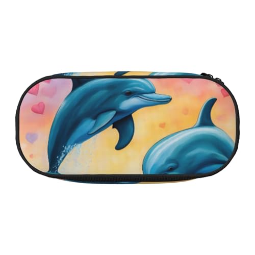 ENRPTY Delfine in Love Print mit Reißverschlussfächern, Schreibwaren, Bleistifttasche, tragbare Kosmetik-Aufbewahrungstasche von ENRPTY