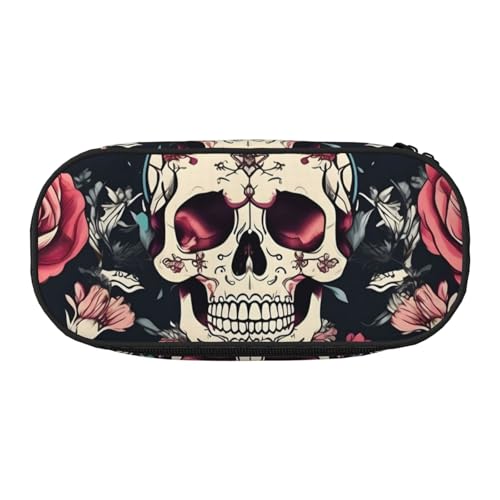ENRPTY Federmäppchen mit Blumen-Totenkopf-Motiv, mit Reißverschlussfächern, tragbare Kosmetik-Aufbewahrungstasche von ENRPTY
