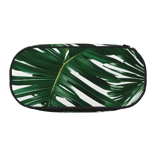 ENRPTY Grünes Palmenblatt-Druck mit Reißverschlussfächern, Schreibwaren, Bleistifttasche, tragbare Kosmetik-Aufbewahrungstasche von ENRPTY
