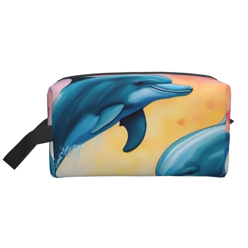 ENRPTY Kulturbeutel mit Reißverschluss, Motiv: Delfine in Love, für Damen und Herren, tragbare Make-up-Tasche von ENRPTY