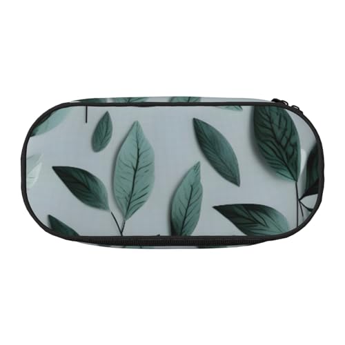 ENRPTY Minzgrauer Blattdruck mit Reißverschlussfächern, Schreibwaren, Bleistifttasche, tragbare Kosmetik-Aufbewahrungstasche von ENRPTY