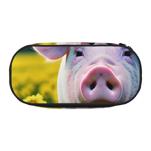 ENRPTY Rape Flower Pig Print With Zipper Compartments Stationery Pencil Bag Portable Cosmetic Storage Bag von ENRPTY